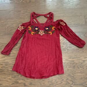 THML Violetta Cold Shoulder Embroidered Long Sleeve Dress Burgundy Size Medium